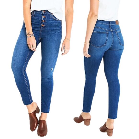 Madewell Denim - Madewell 10" High Rise Skinny Jeans 26 Button Fly Raw Hem Stretch Hanna Wash